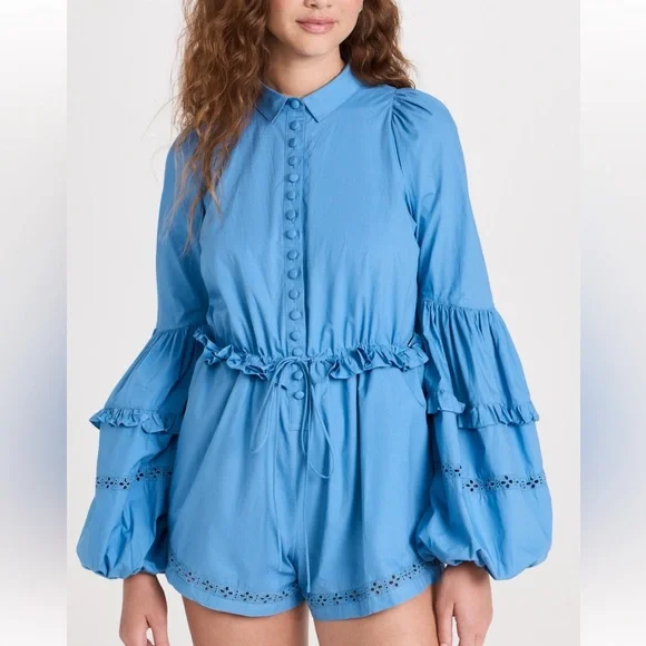 Blue Button-Up Ruffle Jumpsuit - Picture 5 of 9